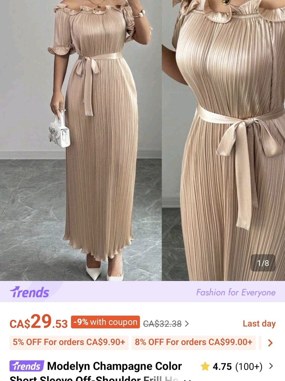 Modelyn Champagne Pleated Off-Shoulder Maxi Dress
